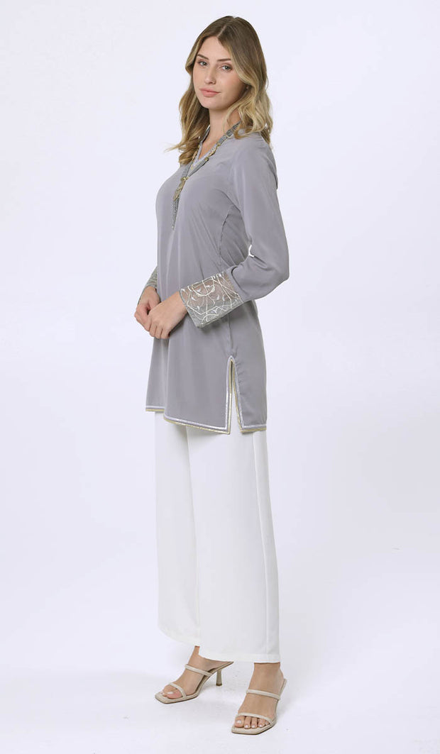 Ines Gold & Silver Embroidered Long Modest Tunic - Pearl
