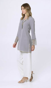 Ines Gold & Silver Embroidered Long Modest Tunic - Pearl