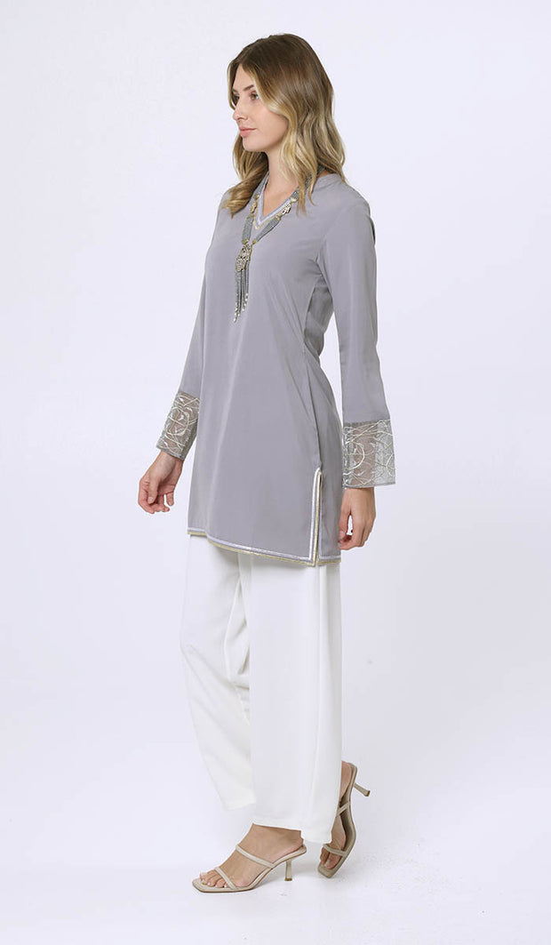 Ines Gold & Silver Embroidered Long Modest Tunic - Pearl