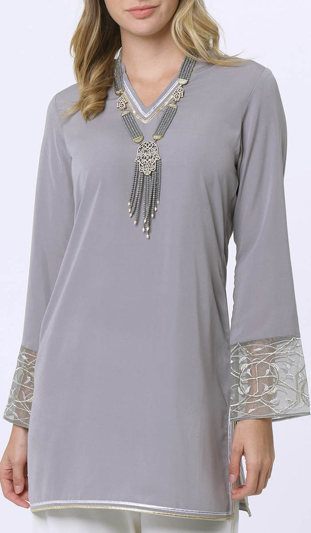 Ines Gold & Silver Embroidered Long Modest Tunic - Pearl