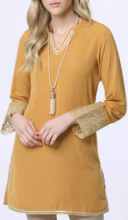 Ines Gold & Silver Embroidered Long Modest Tunic - Sunflower