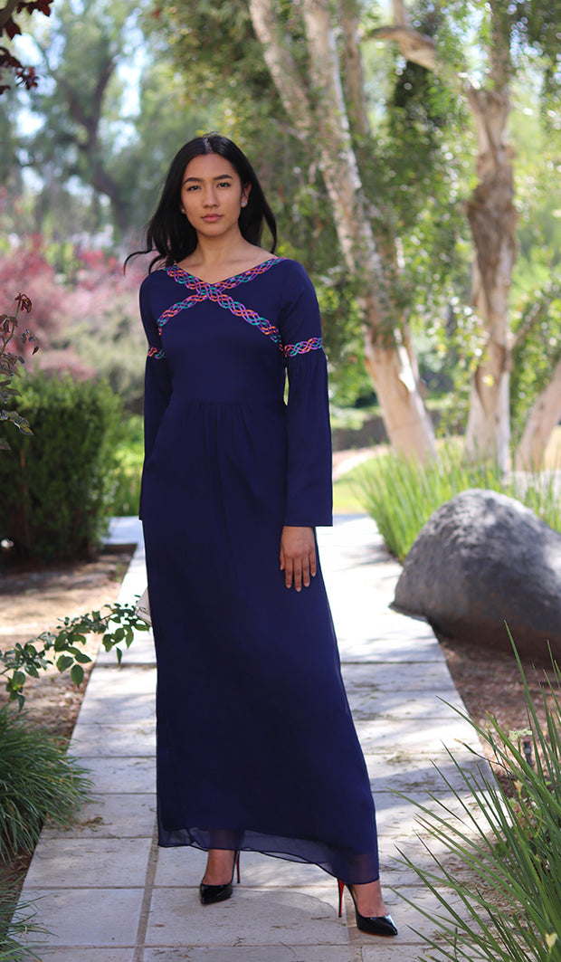 Kiran Embroidered Modest Abaya Maxi Dress - Navy Blue - FINAL SALE