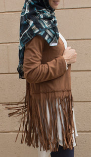 Karin Faux Suede Light Long Fringed Jacket - Brown