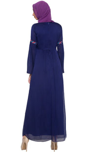 Kiran Embroidered Modest Abaya Maxi Dress - Navy Blue