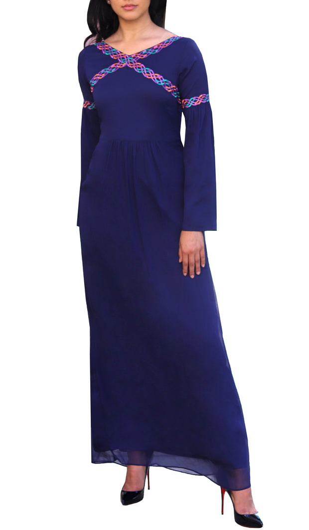 Kiran Embroidered Modest Abaya Maxi Dress - Navy Blue