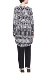 Leslie Roll Hem Ikat Print Long Tunic  - Black/White - ARTIZARA.COM