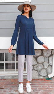 Leah Long Modest Tunic Dress - Marina Blue - FINAL SALE