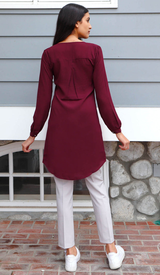 Leah Long Modest Tunic Dress - Maroon