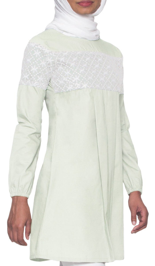 Leena Long Lace Accent Fine Cotton Tunic - Ice Green