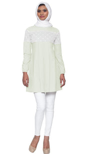 Leena Long Lace Accent Fine Cotton Tunic - Ice Green