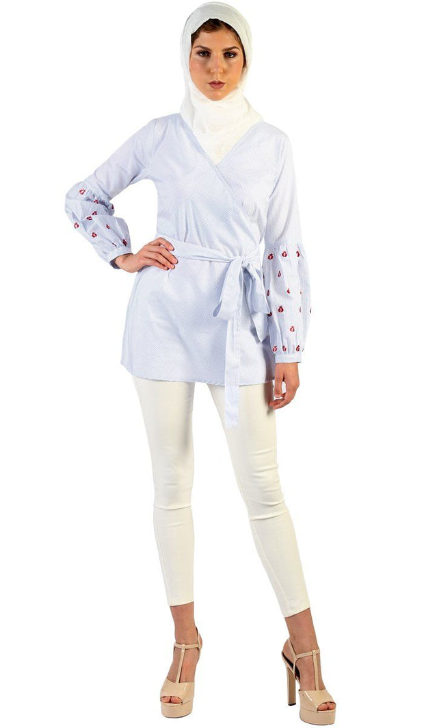 Lena Long Pin Stripe Embroidered Sleeve Tunic - Blue