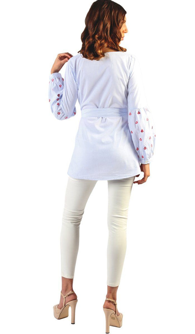 Lena Long Pin Stripe Embroidered Sleeve Tunic - Blue