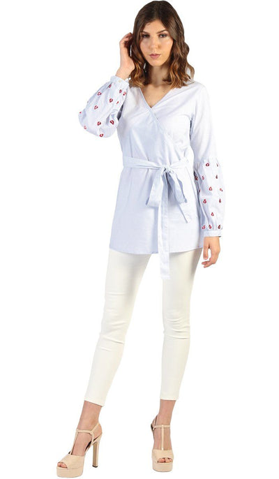 Lena Long Pin Stripe Embroidered Sleeve Tunic - Blue