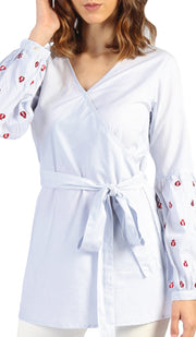 Lena Long Pin Stripe Embroidered Sleeve Tunic - Blue