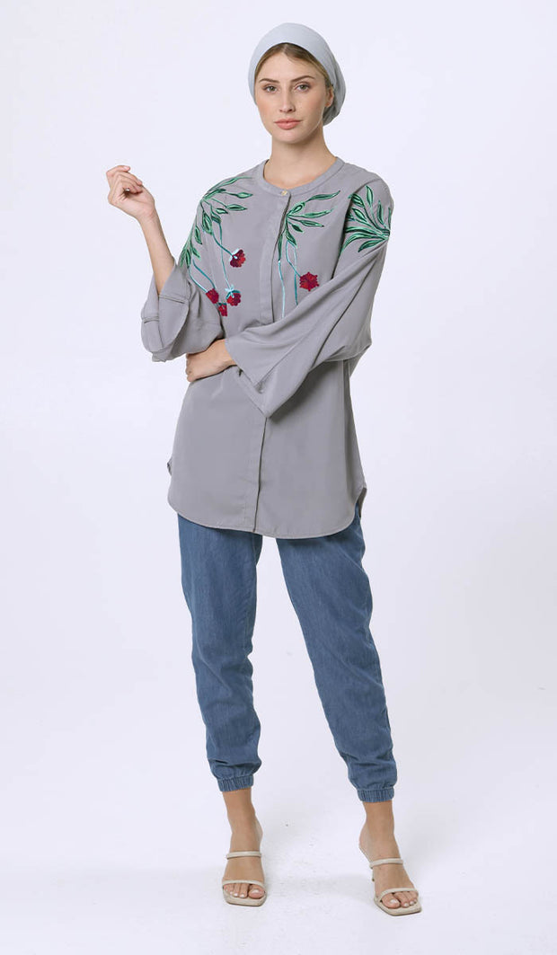 Haut long modeste brodé Lola - Brume - Vente finale