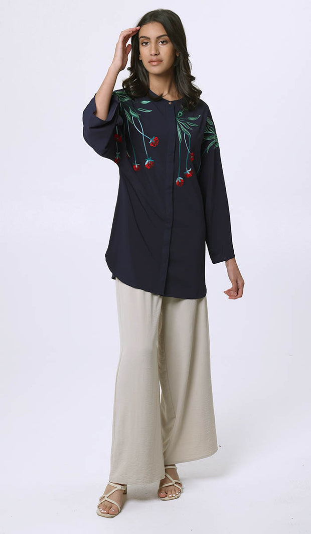 Lola Embroidered Long Modest Top - Midnight - FINAL SALE