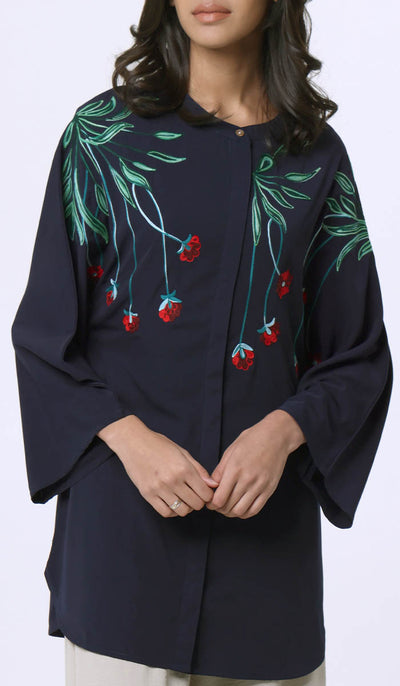 Lola Embroidered Long Modest Top - Midnight - FINAL SALE