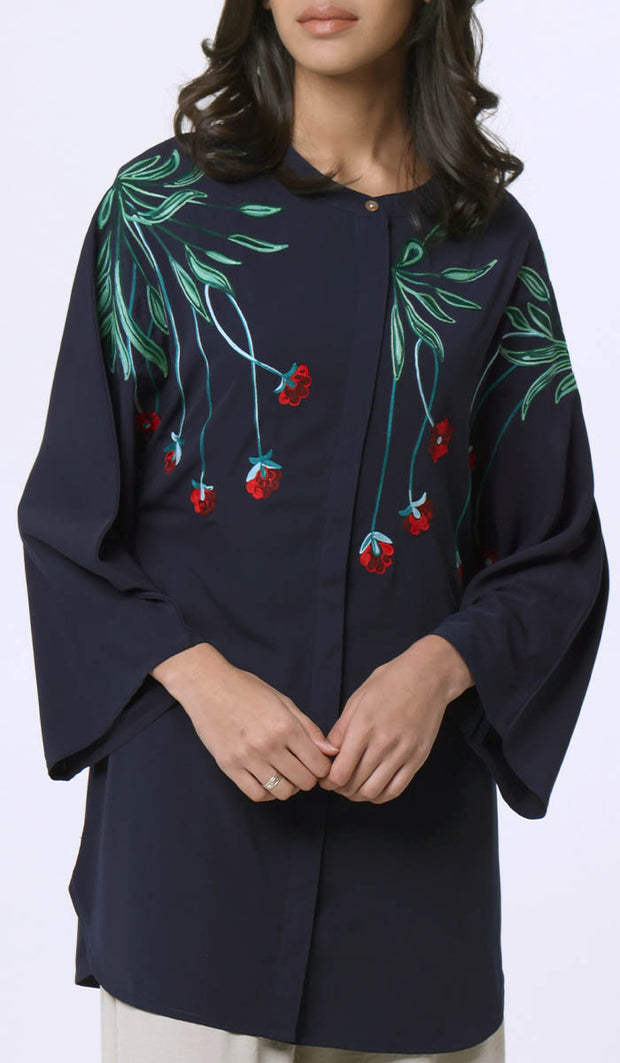 Lola Embroidered Long Modest Top - Midnight - FINAL SALE