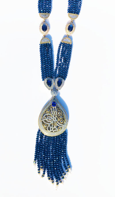 Long Turkish Tughra Tassel Necklace - Blue