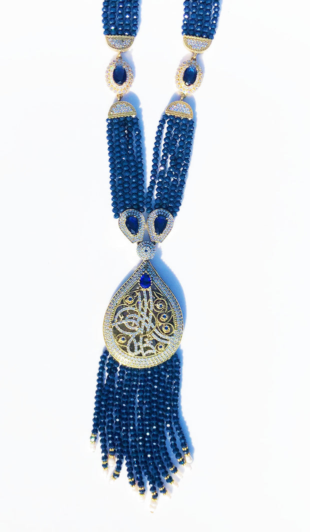 Long Turkish Tughra Tassel Necklace - Blue