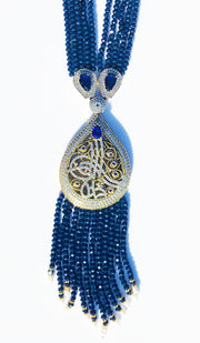 Long Turkish Tughra Tassel Necklace - Blue