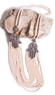 Collier artisanal turc long multibrins Khamsa - Blush