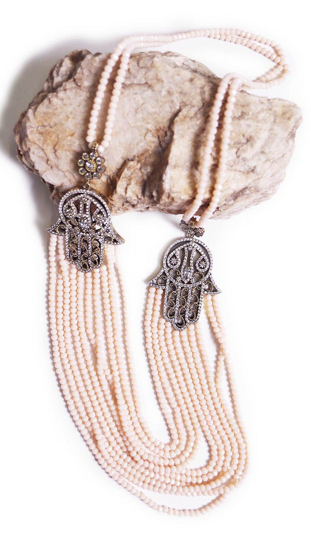 Long Multistrand Khamsa Turkish Artisan Necklace - Blush - FINAL SALE