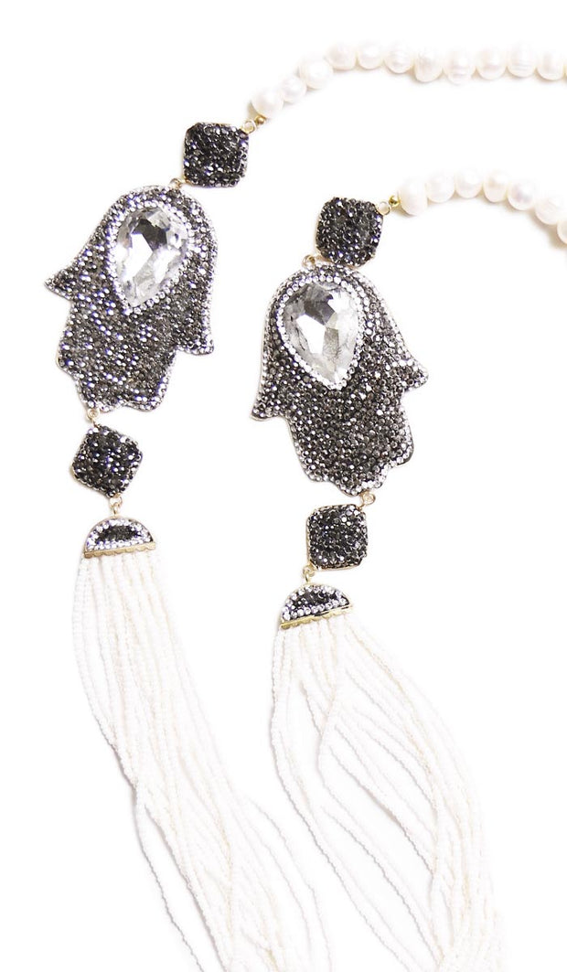 Long Turkish Artisan Khamsa Necklace - White and Freshwater Pearls