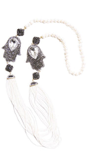 Long Turkish Artisan Khamsa Necklace - White and Freshwater Pearls
