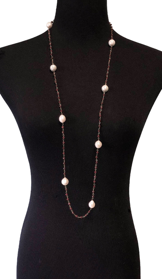 Long Necklace with Baroque Pearls and Rubies