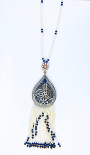 Long Turkish Tughra Tassel Necklace - White & Dark Blue