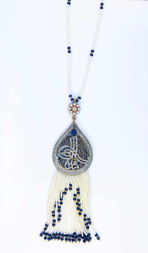 Long collier turc à pampilles Tughra - Blanc et bleu foncé