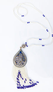 Long Turkish Tughra Tassel Necklace - White & Royal Blue