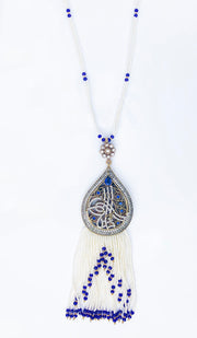 Long Turkish Tughra Tassel Necklace - White & Royal Blue