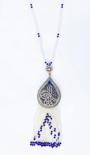 Long collier turc à pampilles Tughra - Blanc et bleu royal