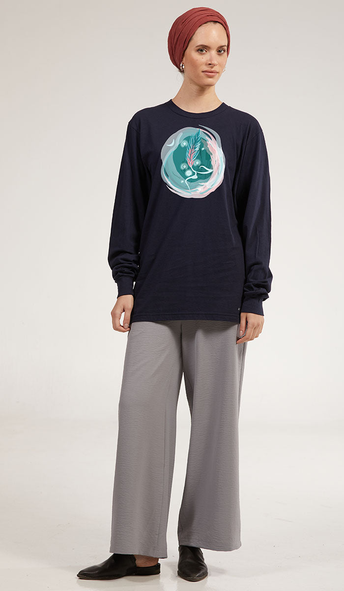 Long Sleeve Cotton T Shirt with Arabic Calligraphy - Hulm - Navy