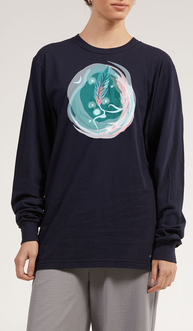 Long Sleeve Cotton T Shirt with Arabic Calligraphy - Hulm - Navy