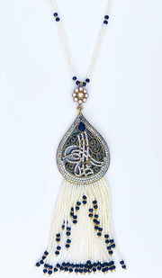 Long Turkish Tughra Tassel Necklace - White & Dark Blue