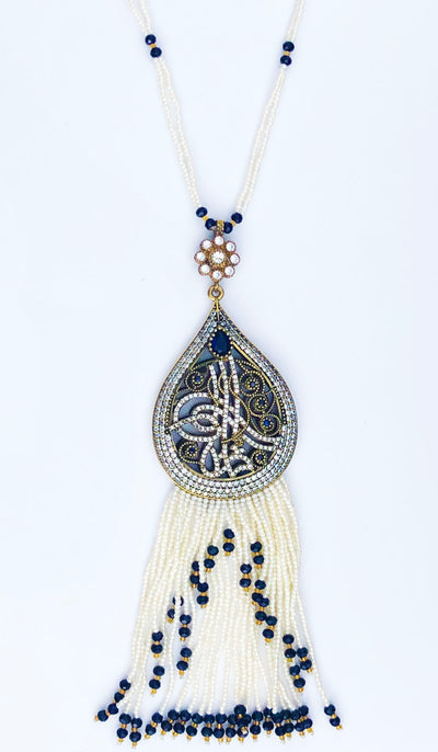 Long collier turc à pampilles Tughra - Blanc et bleu foncé