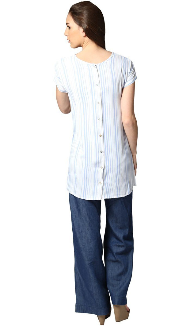 Long Two Way Short Sleeve Layering Top - Blue & White Stripe