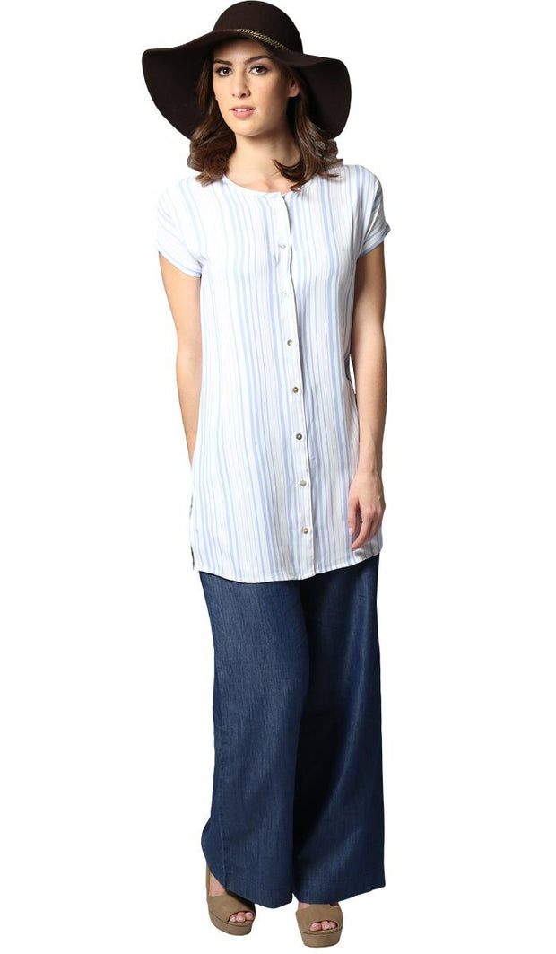 Long Two Way Short Sleeve Layering Top - Blue & White Stripe