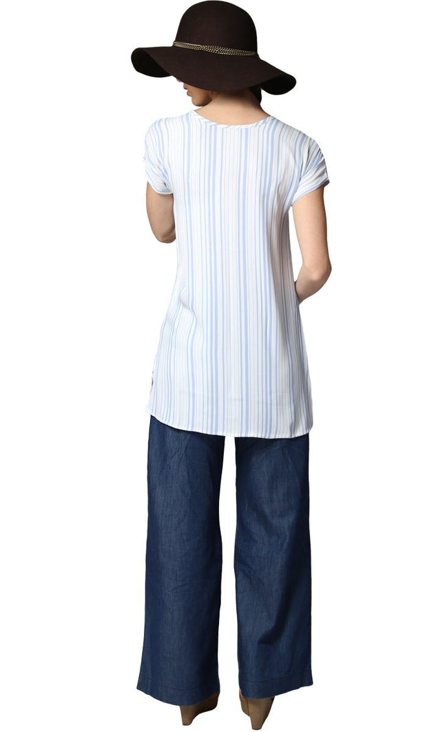 Long Two Way Short Sleeve Layering Top - Blue & White Stripe