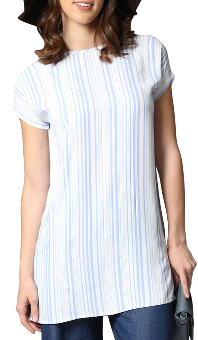 Long Two Way Short Sleeve Layering Top - Blue & White Stripe