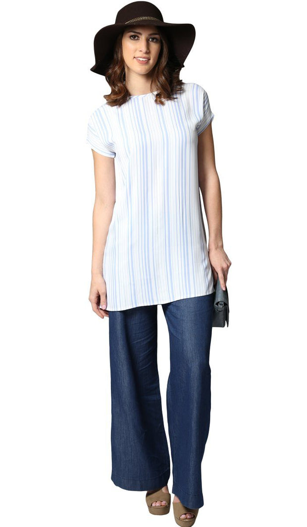 Long Two Way Short Sleeve Layering Top - Blue & White Stripe