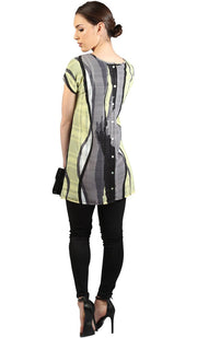 Long Two Way Short Sleeve Layering Top - Gray Black Print