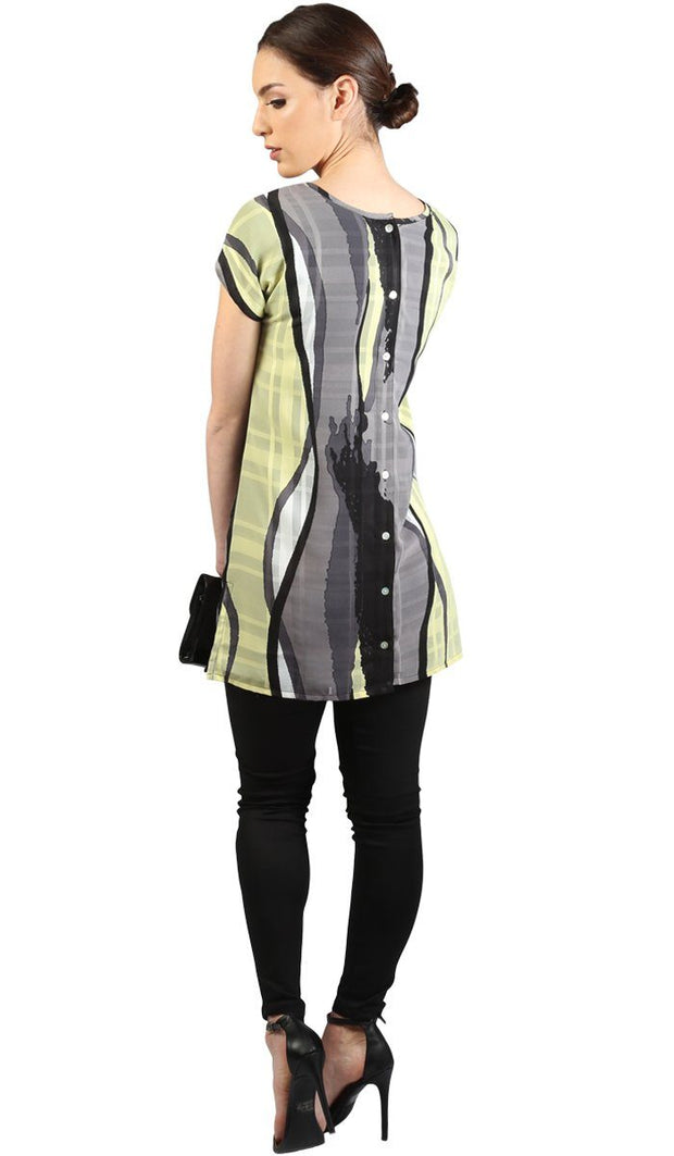 Long Two Way Short Sleeve Layering Top - Gray Black Print