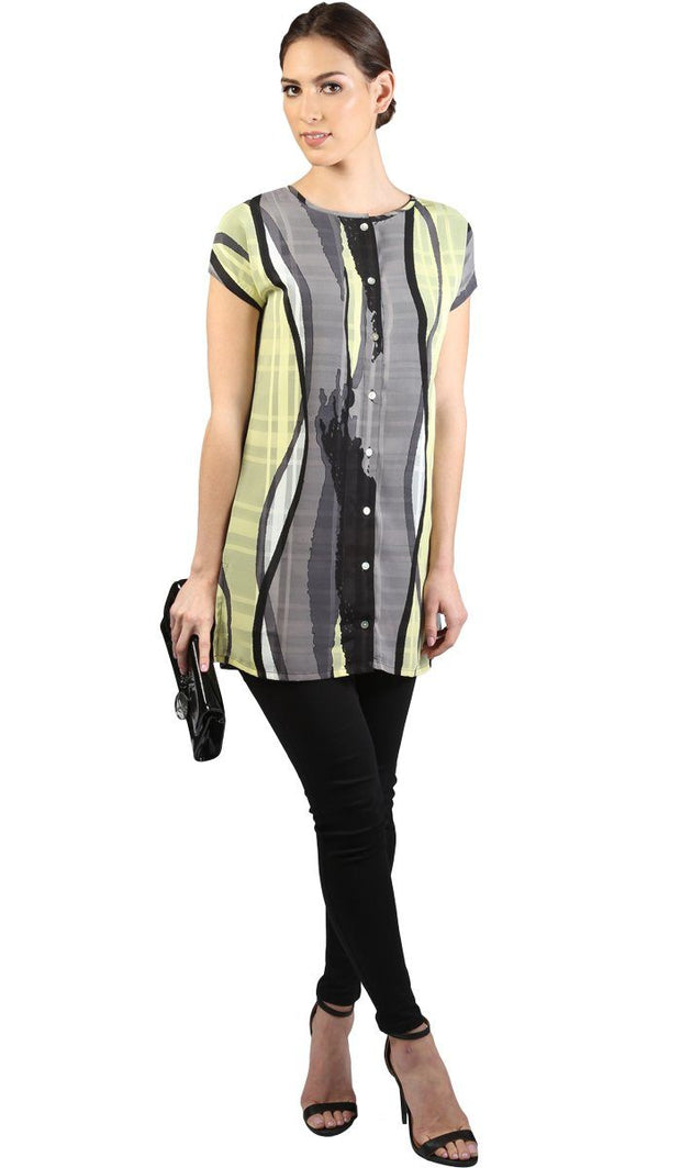Long Two Way Short Sleeve Layering Top - Gray Black Print