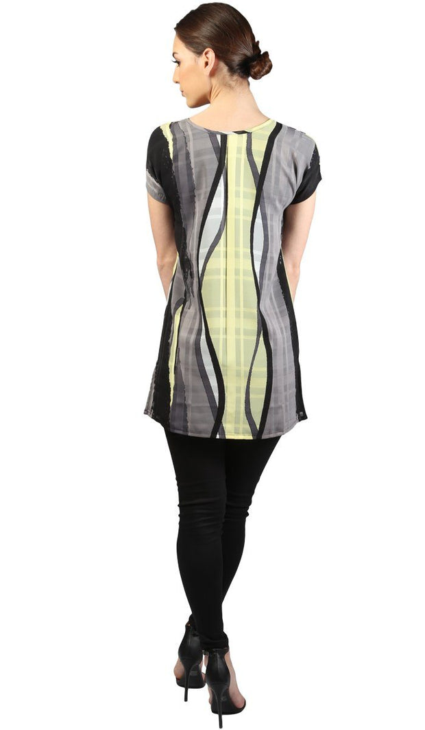 Long Two Way Short Sleeve Layering Top - Gray Black Print
