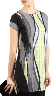 Long Two Way Short Sleeve Layering Top - Gray Black Print