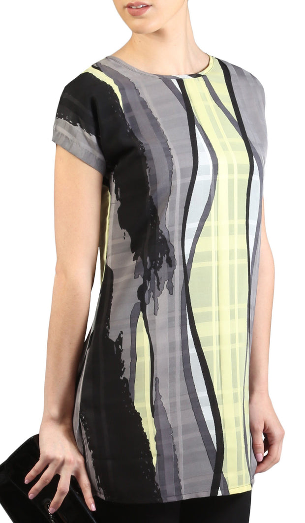 Long Two Way Short Sleeve Layering Top - Gray Black Print
